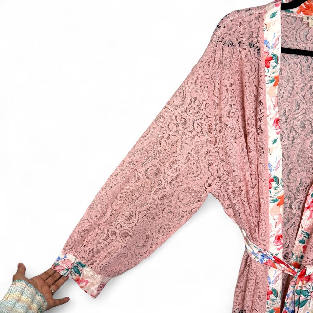 New POL‎ Pink Lace Duster Robe L Floral Trim Boho Coquette Cottagecore Kimono - Picture 2 of 9